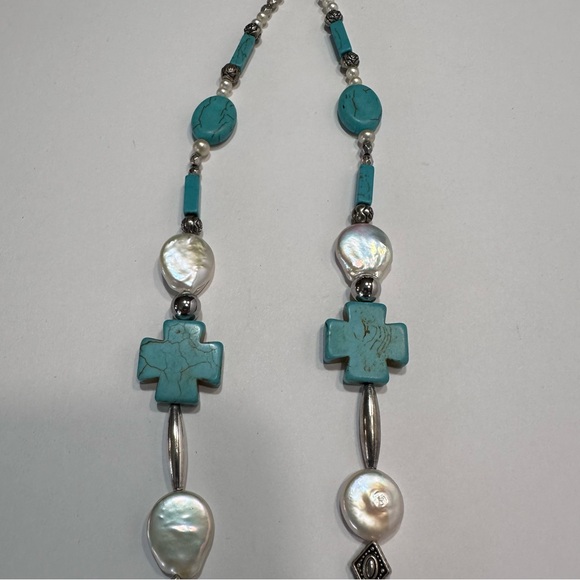 Turquoise Cross Statement Necklace Pearl & Faux Pearl Beaded Artisan Made - Picture 11 of 14